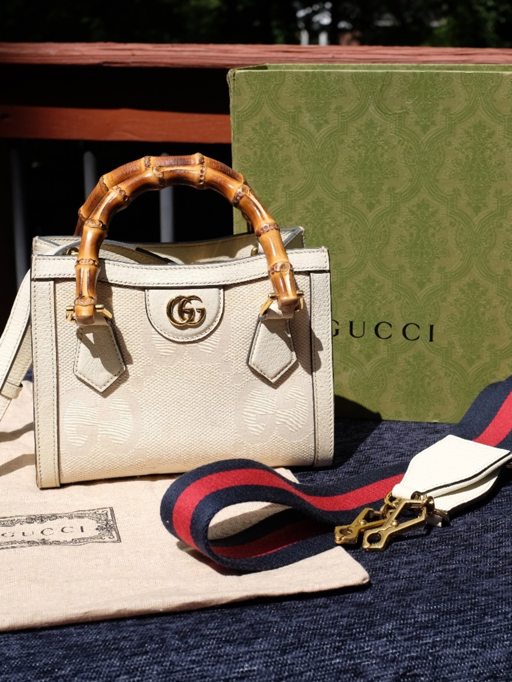 Gucci Diana Mini Bamboo Top Handle Jumbo GG Canvas Cream Leather
